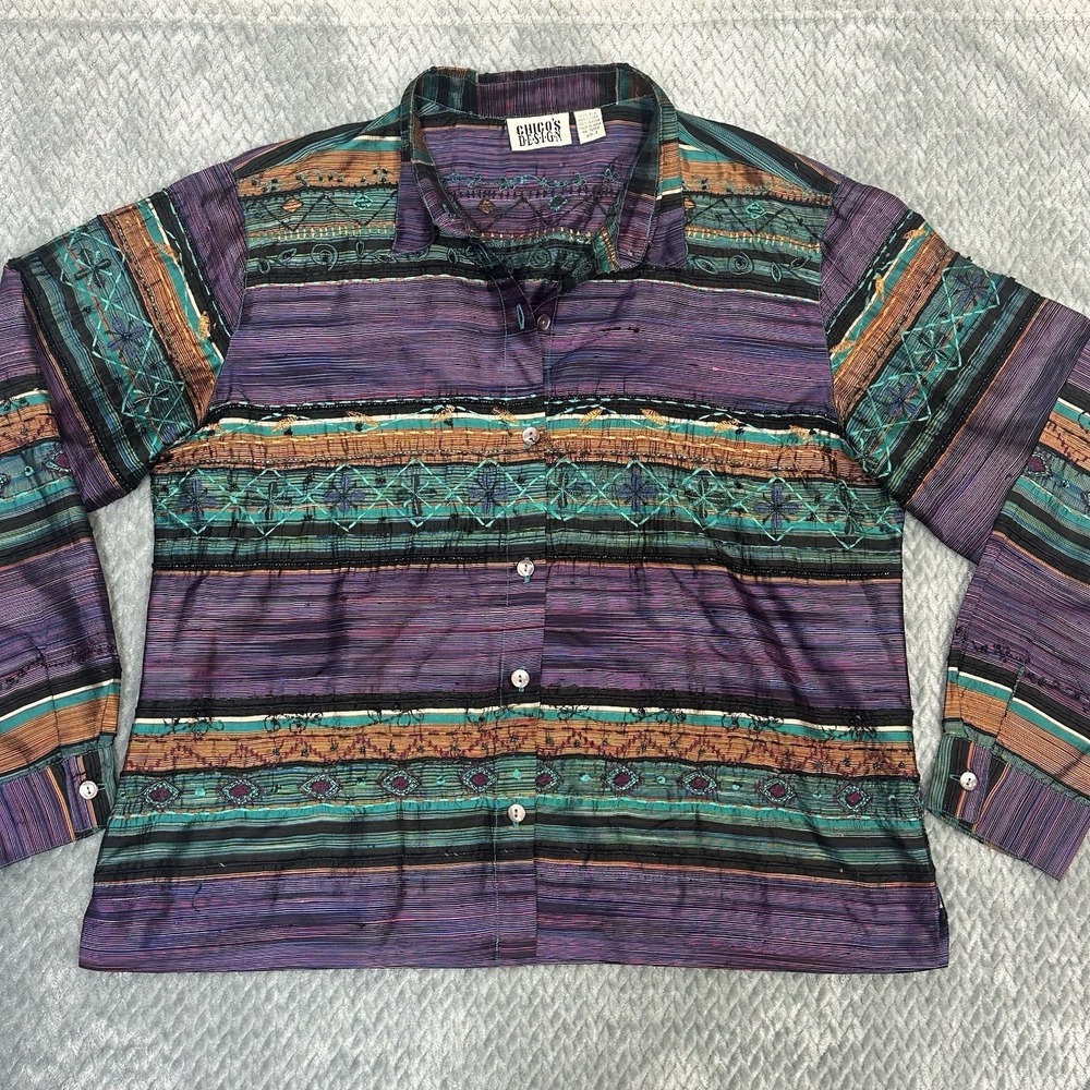 Vintage Chico's Silk Blouse 2 Size Large Colorful Boho Artsy Beaded Embroidered - Picture 1 of 8